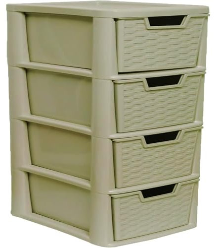 ALEEZ - Large Plastic Drawer Storage Unit - Rattan Effect 4 Drawer Cabinet - Multipurpose Storage Organiser - Office, Tabletop Desktop Drawer - Bedroom Chest Drawer Unit - (Cream, 4 Drawer)