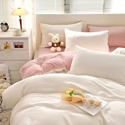 Nyescasa Housse de Couette 140x200 Rose et Blanc Moderne Reversible Parure de lit Adulte 1 Personne en Microfibre Sets de Housses de Couettes avec Fermeture Éclair et 1 Taie d'oreiller 65x65 cm