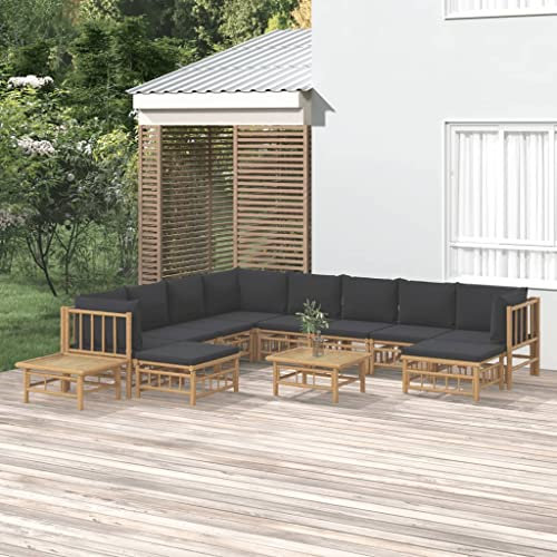 CINDERFUL Salon de Jardin 12 pcs avec Coussins Gris foncé Bambou,Ensemble de Salon de Jardin en Bambou Confortable avec Table pour Extérieur Mobilier de Jardin, Salons de Jardin
