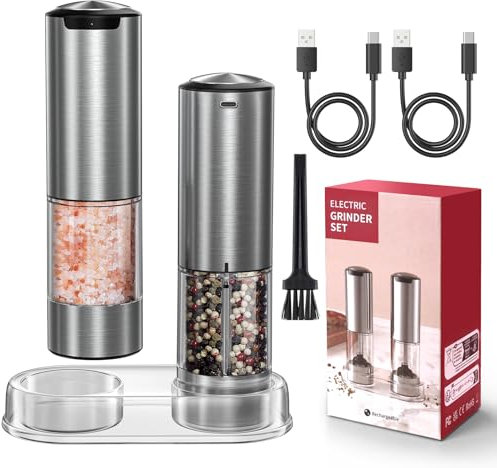 VOXON Salz und Pfeffermühlen 2er Set mit USB Wiederaufladbarer, Einstellbarer Grobheit Gewürzmühle, Automatisches Mahlen, Pfeffermühle elektrische mit LED-Licht für BBQ Restaurant Küche