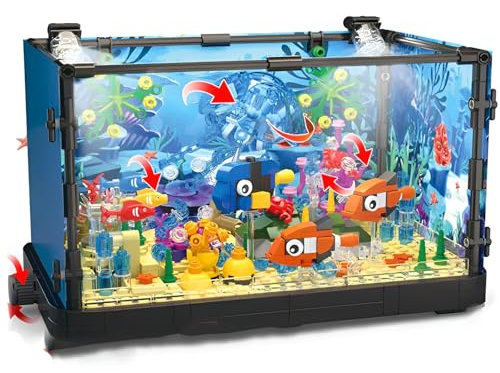 DzirePada Fischen Tank Bausteine Bausatz, 725 Teile Aquarium Bauklotz Spielzeug, kreatives Meeresquallen Ökotank Tiermodell, STEM Ideen Geschenk für Kinder und Erwachsene (7023)