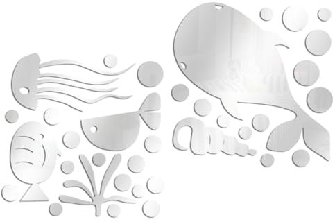 WHAMVOX Acryl Spiegel Wandaufkleber Satz Selbstklebend Ozeanmotiv Fisch Wanddekoration Silber Für Wohnraum Bad Und Schlafzimmer