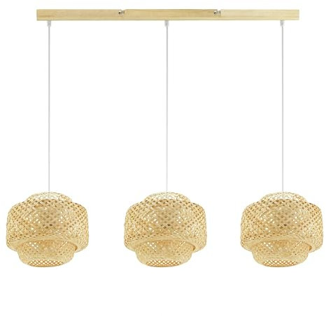 Seynave Luminaire CABANA Suspension Barre 3 Lampes, Bambou Tressé Naturel, Hauteur Ajustable 1m, E27, Puissance Max 40W, Dimensions 22x72x22 cm, Style Bohème et Naturel