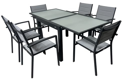 MOMMA HOME Set Mesa Extensible y 6 sillas terraza, Conjunto Muebles Jardín Exterior 7 Piezas, Estructura de Aluminio, Mesa y Sillas Terraza Impermeables, Resistentes a Exterior (Gris Antracita)
