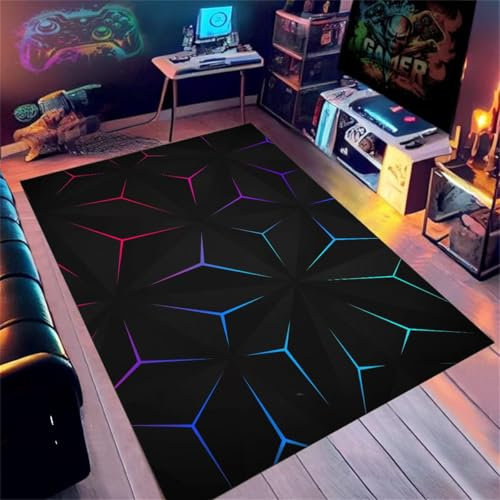 PEIHUODAN Tapis Chambre Ado Adulte Enfant Tapis Gamer Sol Deco Chambre Gaming Garcon Motif Néon Géométrique Coloré Tapis Chambre Gaming Tapis De Sol en Flanelle Doux (Noir,160x230cm)