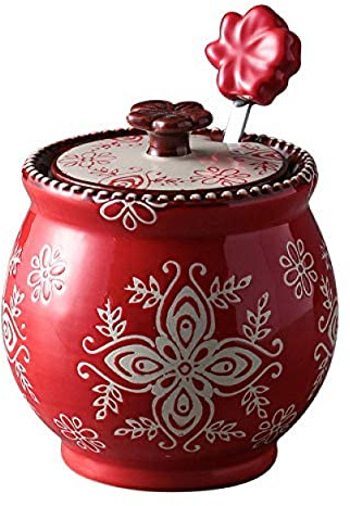 ZHZXBDGQ Zuccheriera in ceramica retrò, contenitore per condimenti, barattolo in ceramica con cucchiaio e coperchio, accessori da cucina, rosso