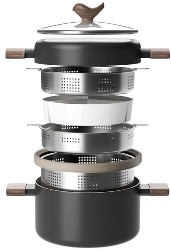 RIOVARM Induzione Set di pentole e padelle con coperchio Antiaderente Set di pentole con rivestimento in ceramica Pentola con vaporiera in acciaio inossidabile 24 cm Casseruola con inserto scolapasta