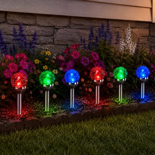 Fabulouz 6 Pack Crackle Ball Solar Lights, RGB Colour Changing Solar Garden Lights Outdoor, Glass Globe Stake Lights with Rechargeable Batteries Included for Pathway, Patio, Lawn and Borders