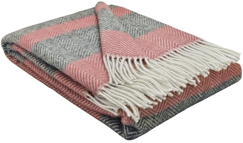 STTS International Wolldecke 100% Schurwolle Wohndecke 140 x 200 cm Tagesdecke Schurwolldecke Woll-Plaid Tirol in vielen Farben erhältlich (Rosa-Grau (D-M))