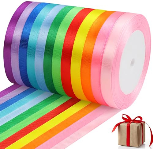 Geschenkband 12 Farben, 22M x 10MM Satinbänder,Bunt Schleifenband, Seidiges und Weiches Geschenkband für Heimwerkerarbeiten, Geschenkverpackungen, Hochzeitsdekoration und Festival-Layout