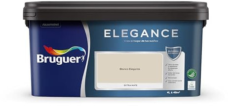 Bruguer Elegance Pintura Monocapa Extra Mate para Paredes y Techos, Interior y Exterior protegidos, Ultra Lavable, Resistente al Desgaste y Manchas, Con conservante Antimoho, Blanco Elegante 4 L