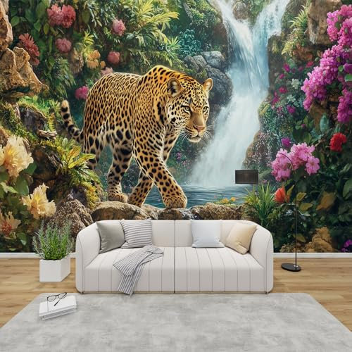 PaxGloz Fototapete Dschungel Leopard Tapete Wasserfall Tropischer Wald Tiere Tapeten Vliestapete Modern Wandtapete Wohnzimmer Schlafzimmer Kinderzimmer Wanddeko Motivtapeten 250 x 175 cm (B x H)