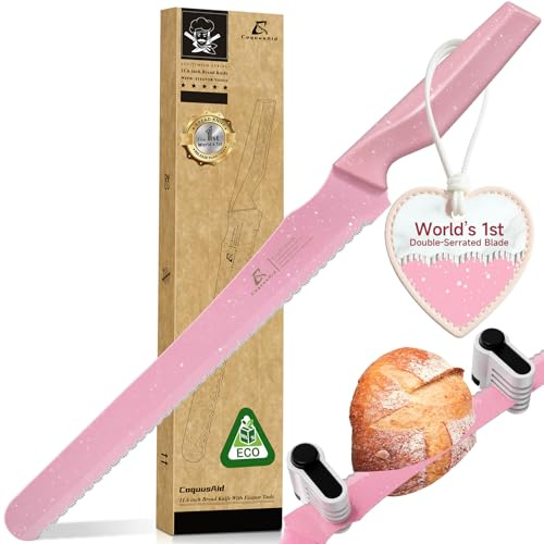 CoquusAid Brotmesser für hausgemachtes Brot, 29,5 cm Multifunktions-Sägemesser mit 5-fach verstellbarer Schnittstärkenführung, Edelstahl Brotschneider, Rasiermesserscharf für Sauerteig, Rosa