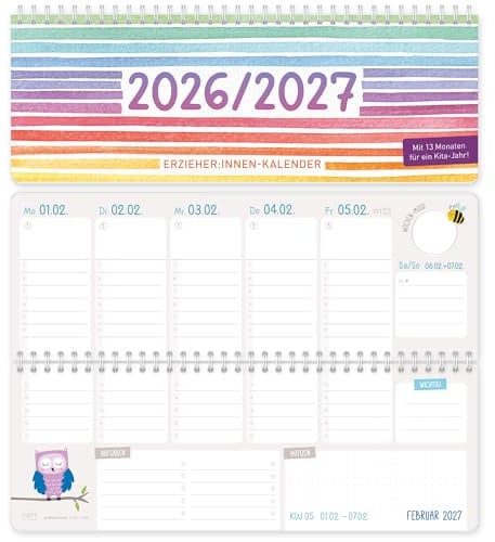 Häfft® Tischkalender Erzieher & Erzieherinnen 2026/2027 „Flying Flowers“ | Wochenkalender für Kindergarten & Kita, Kita-Planer im Querformat mit Ringbindung, 13 Monate Laufzeit von Aug. 26 - Aug. 27