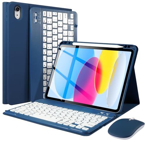 SOPPY Bluetooth Keyboard Case with Mouse for iPad 11th Gen. (A16) 11-inch 2025, 10th Generation 10.9 inch 2022, Detachable Protective Cover, with Built-in Pen Holder, UK Layout, Dark Blue