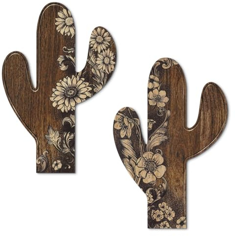 Putuo Decor Decoración Cactus Azteca (Juego de 2 Piezas), decoración de Pared Farmhouse, decoración de Madera con Patrones Florales rústicos para salón, Dormitorio, baño, Estilo Western