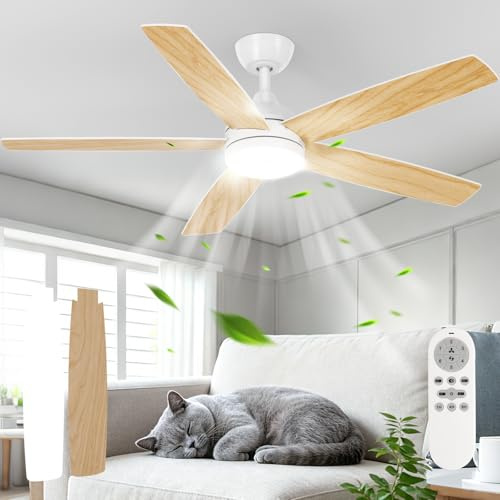 Dorlink Ceiling Fans with Lights and Remote,6 Speeds Reversible 52 Inch Ceiling Fan Light,Stepless Dimmable 3000K-6500K 2500LM, Quiet DC Motor,Timer,Wood-Tone/White Blades for Bedroom Living Room