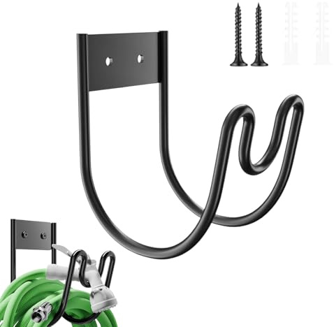 Lutateo Garden Hose Holder, Water Hose Hanger with Fittings, Outdoor Mounted Garden Hosepipe Hook, Metal Hosepipe Bracket, Wall Mount Holder for Garden (Black)