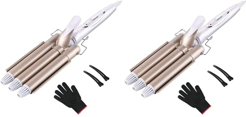 3 Fässer welleneisen, TOP4EVER lockenstab mit 3 stäben mit einstellbarer Temperatur, Welleisen Schnelle Heizung Große Welle für Lange/kurze Haare, Haar Styling Werkzeug 22mm (Packung mit 2)