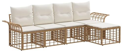 vidaXL Outdoor-Sofagarnitur 5 pcs Natürlich und Cremweiß Polyester, Modularer Outdoor-Sitz, Poly-Rattan-Set, höhenverstellbare Füße, modernes Gartenmöbel für besten Komfort