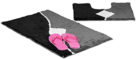 Relaxdays 2-Piece Bath mat Set Badgarnitur 2-teilig mit Grafikmuster, Für Fußbodenheizung, Waschbar, Badematte Vorleger, Für Stand-WC, 80 x 50 cm, grau, Polyester, 50 x 80 x 1.5 cm