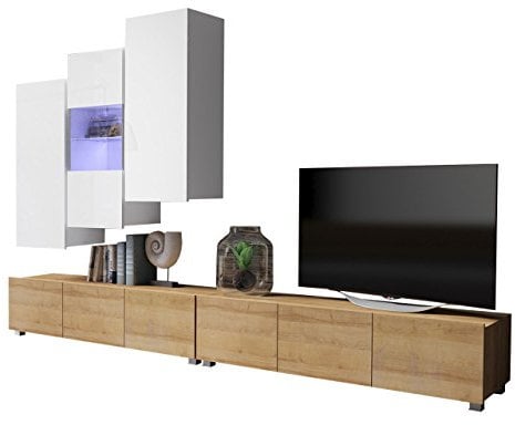 Wohnwand Calabrini XVII, Anbauwand, Mediawand, TV Lowboard, Hängevitrine, Hängeschrank, Fernsehschrank, Wohnzimmerschrank (Eiche Gold/Weiß + Weiß Hochglanz, mit weißer LED Beleuchtung)