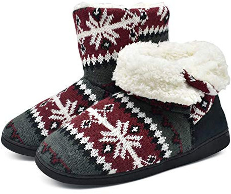 ONCAI Damen Warme Hausschuhe Stiefel Gestrickte Mode Winterschuhe Bootie Muster Gedruckt rutschfeste Baumwollschuhe Rot 38/39 EU