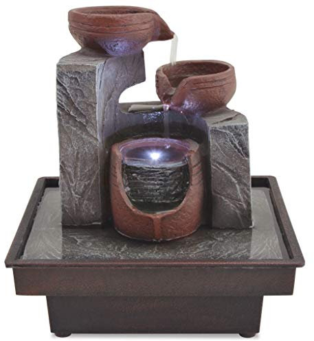 Tidyard Zimmerbrunnen mit LED-Beleuchtung, Indoor-Brunnen aus Polyresin mit Pumpe und Beleuchtung, 20 x 18 x 22 cm, Grau und Braun