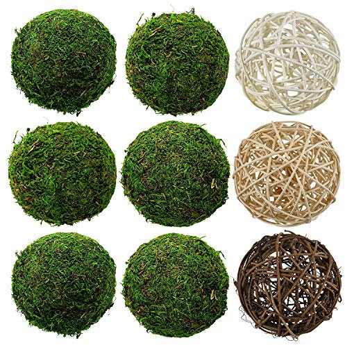 Deko-Kugel aus natürlichem Moos, verschiedene Rattan-Weidenkugeln, hängende Kugeln mit handgefertigten Kugeln, Vase, Schalenfüller, Weihnachtsbaum, Garten, Heim-Party-Dekoration (8.9 cm, 9 Stück)