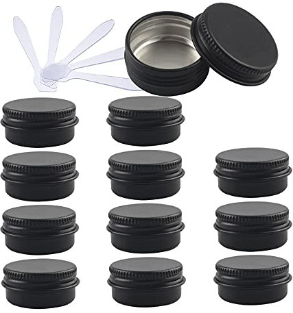 ZEOABSY 24 Pièces 10ml Pots en Aluminium Vide Noir Mat Petit Rond Cosmétiques Pot Conteneurs for Fait Main Bougies Crème Baume Voyage avec 6X Spatule