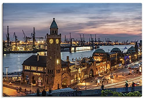 ARTLAND Wanddeko Leinwand Bilder Wandbild 120x80 cm Stadtbilder Hamburg Hafen Landungsbrücken U2FG