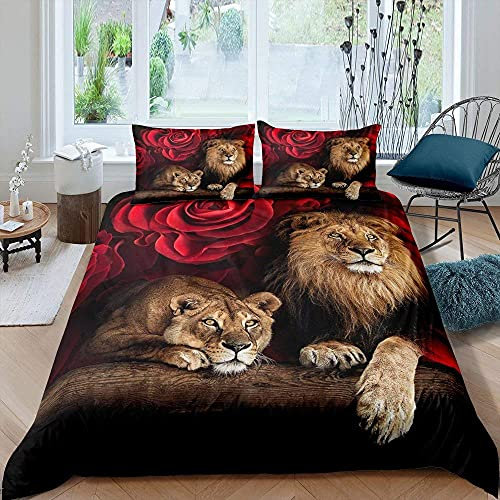 Lion Rose Duvet Cover Sets Super King Size Animal Floral Print Comforter Cover Nature Theme Design Bedding Set For Kids Youth Adult Modern Brown Lion Quilt Cover Decor Room