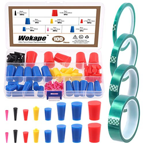 Wokape 104 Stück Hochtemperatur-Silikon-Gummi-Schutzstöpsel-Sortiment mit grüne Pulverbeschichtung Abdeckband PET-Klebeband