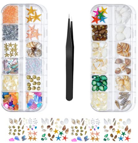 2 Boxes of Assorted Ocean Themed Nail Charms for Decorating Fingernails | Sea Shells and Starfish Style Nail Accessories | Jewels for your Nails | Colourful Bling Rhinestones | Tweezers Included!