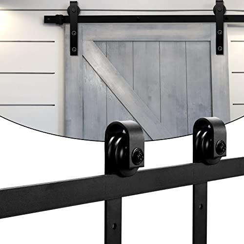Tubiaz Schiebetürbeschlag Set 366cm (12FT) Schiebetürsystem Zubehörteil aus Kohlenstoffstahl Schwarz mit Laufrollen und Schiene, für holz Schiebetür, Holztür, schiebetor, bis 200KG, Rechteck