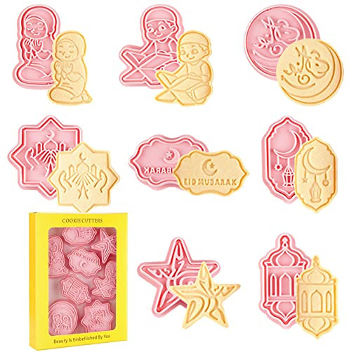8 Stück Islamischer Ramadan Ausstechformen und Stempel, Eid Mubarak Ausstecher Set, Ramadan Muslimische Keksform DIY Kuchen Backen Werkzeug, Muslimischen Keks Fondant Kuchen Backen Ausstecher (C)