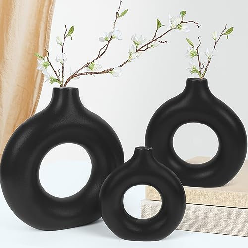Donut Vase für Pampasgras - Große Schwarz Keramik Vase, Matt Ring für Nordic Modern Deko, Boho Rund Passend für Esstisch Couchtisch Schmücken Büro Haus