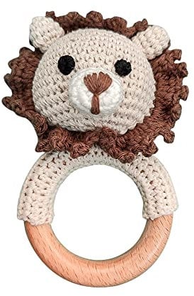 Baby Greifling Rassel Beißring,Tier Gehäkelte Babyrassel Häkeln Holz Greifling Baby Rassel Fuchs Tiger Löwe Hase Baby Montessori Babyspielzeug für Neugeborenes Baby Junge Mädchen Geschenk zur Geburt