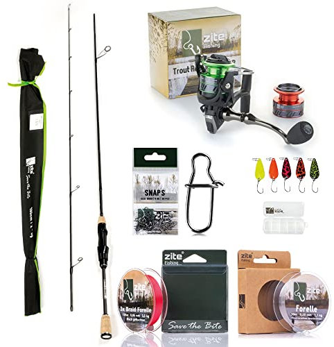 Zite Fishing Trout Spoon Forellen-Rute 190cm - Ultra Light Angelrolle 1000 3+1BB - 3fach geflochtene Angelschnur - Angelwirbel 30 Stück Karabiner Größe #000 - Forellen-Blinker Set neon 5-teilig
