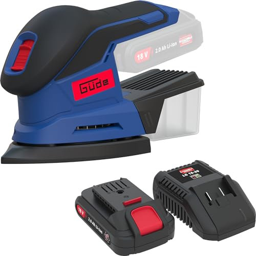 Güde Akku Deltaschleifer DS 18 (18 V, Easy-Energy-Exchange, 150x150x100mm Klett-Schleifpapier, Staubfangbox, Anti-Rutsch-Handgriff, inkl. 3 A Schnellladegerät & 2 Ah Akkupack Starter-Kit LGAP 18-3020)