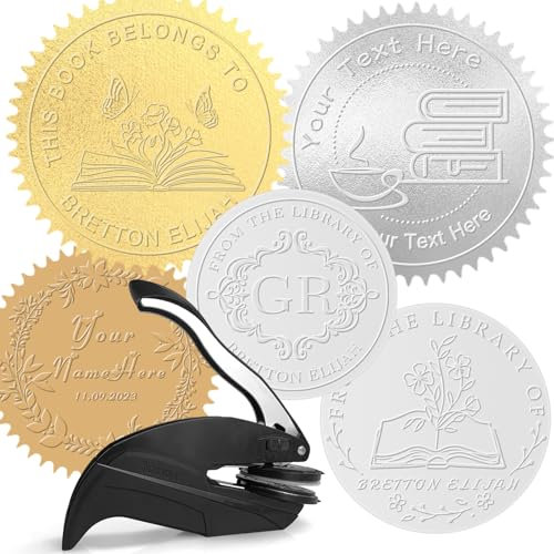 Personalisierter Buchpräger, personalisierter Stempel, Bibliotheksbuchprägung, Siegelstempel, Text, Logo, Visitenkarten, Papier, Notizbuch