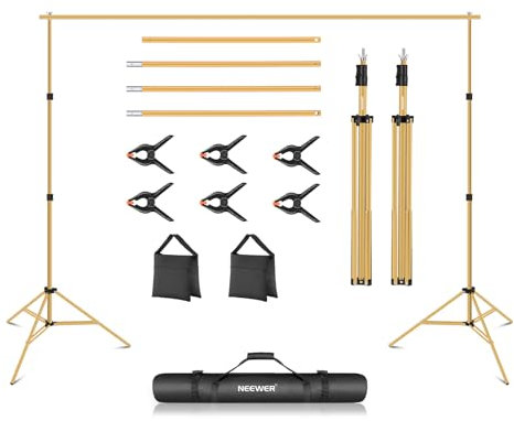 NEEWER Supporto Sfondo da Studio Fotografico, Stand Regolabile Largo 3m/Alto 2m con 4 Traverse, 6 Morsetti, 2 Sacchi di Sabbia e Borsa da Trasporto per Fotografia Ritrattistica e in Studio (Oro)