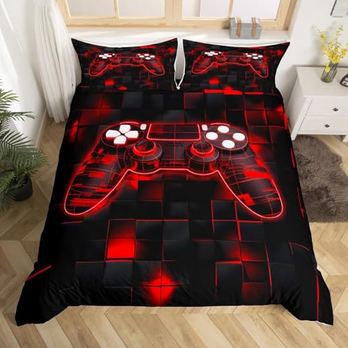 Homewish Game Housse de Couette Garcon 220x240 cm avec 2 Taies d'oreiller, Parure de Lit Ado Gaming Sets de Housses de Couettes Enfant Gamer Néon Couvre Lit Carré Géométrique, Noir et Rouge