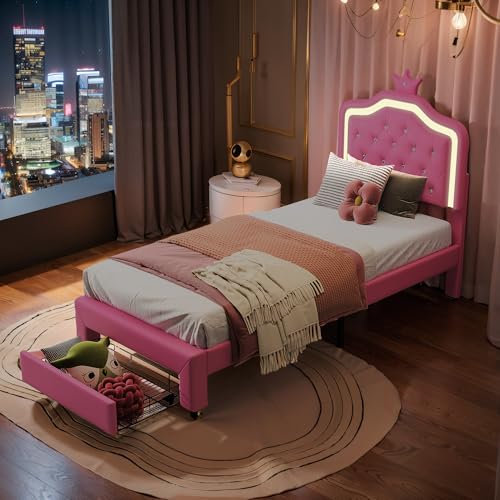 Callicarpa Kinderbett Polsterbett 90x200, Jugendbett Mädchen Bett mit Kronen LED-Kopfteil, Kinderbett Jugendbett mit Stauraum Schubladen (rosa, 90X200CM)