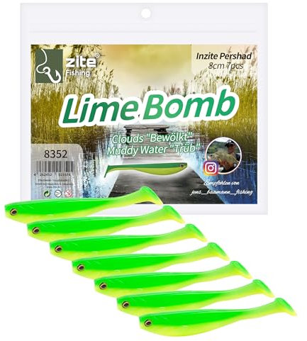 Zite Fishing Inzite Pershad 8 cm - Gummiköder für Hecht-Angeln - Bauchige Silhouette & kräftiger Schwantteller - 7 Stück - Jig, Finesse & Offset-Montagen auch Dropshot Angeln (Lime Bomb)