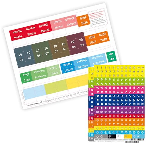weekview Tabs - Griffregister für Kalender, Organizer und Planer | Farbig markierte Registerkarten | Perfekte Übersicht & Organisation | Ideal für Büro, Schule und Zuhause (2026, Tabs 1-2026)