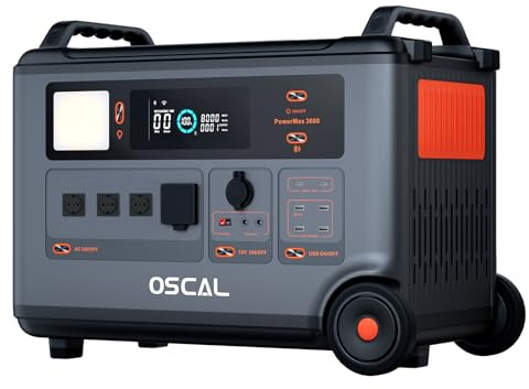 OSCAL PowerMax 3600 Generador eléctrico solar portátil 3600 W, ampliable hasta 57,6 kWh,estación de alimentación solar de 3600 Wh con 4 tomas CA 3600 W, emergencia con control APP para casa