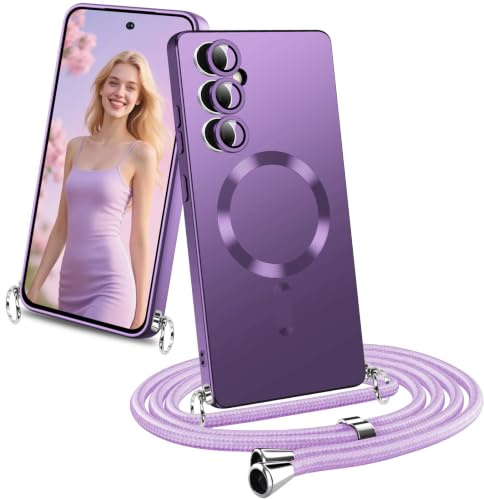 Migexxkj Magnetische für Samsung Galaxy S25 Hülle mit Band Handykette für Samsung S25 mit Kameraschutz Silikon Handyband Band Necklace zum Umhängen mit Kordel Handyhülle Kette (Lila)