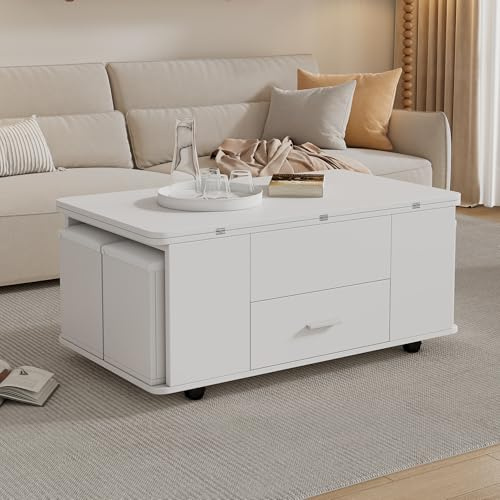 MAMAINI Mesa de centro regulable en altura, multifunción 4 en 1, convertible en mesa de salón comedor, mesa de sofá móvil, mesa de centro con cajones, con 4 taburetes, color blanco