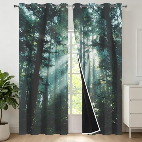 Generisch Natürliche Vorhänge Blickdicht, Wald Muster Gardinen mit Ösen für Wohnzimmer Schlafzimmer, Thermovorhang Kälteschutz Fenster 2er Set H 215 x B 110 - Sd&K17